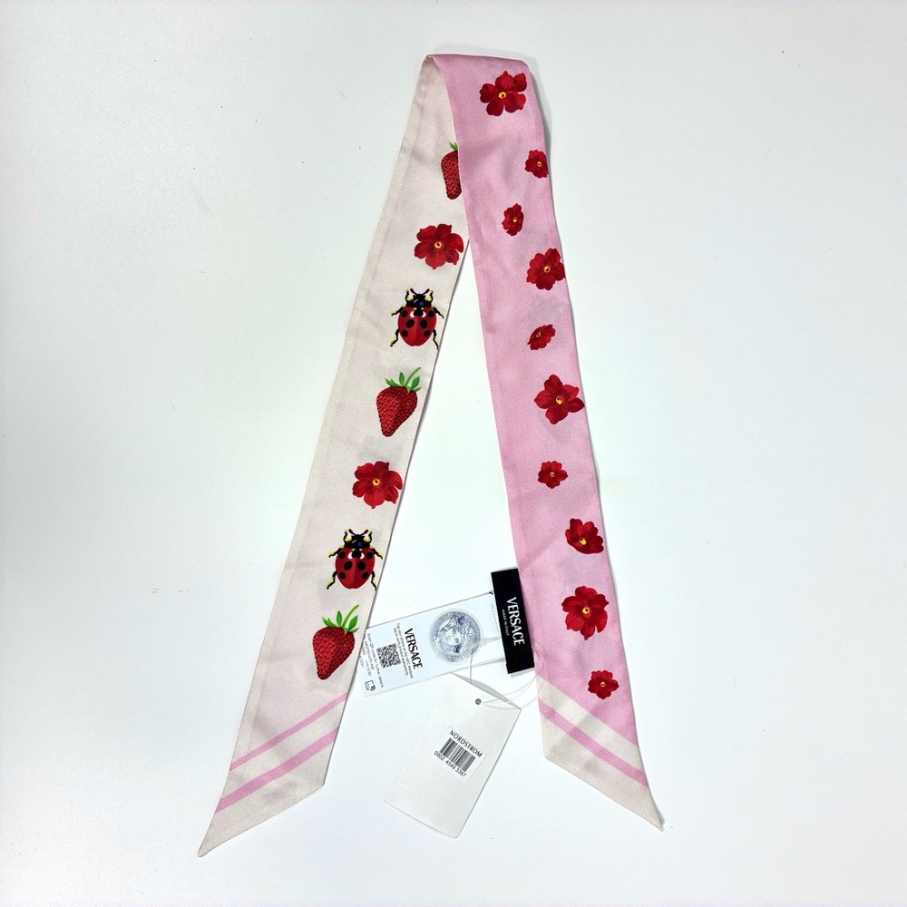 Versace Strawberry Garden Silk Skinny Twill Scarf Tie Logo Pink Red NWT - Picture 5 of 16
